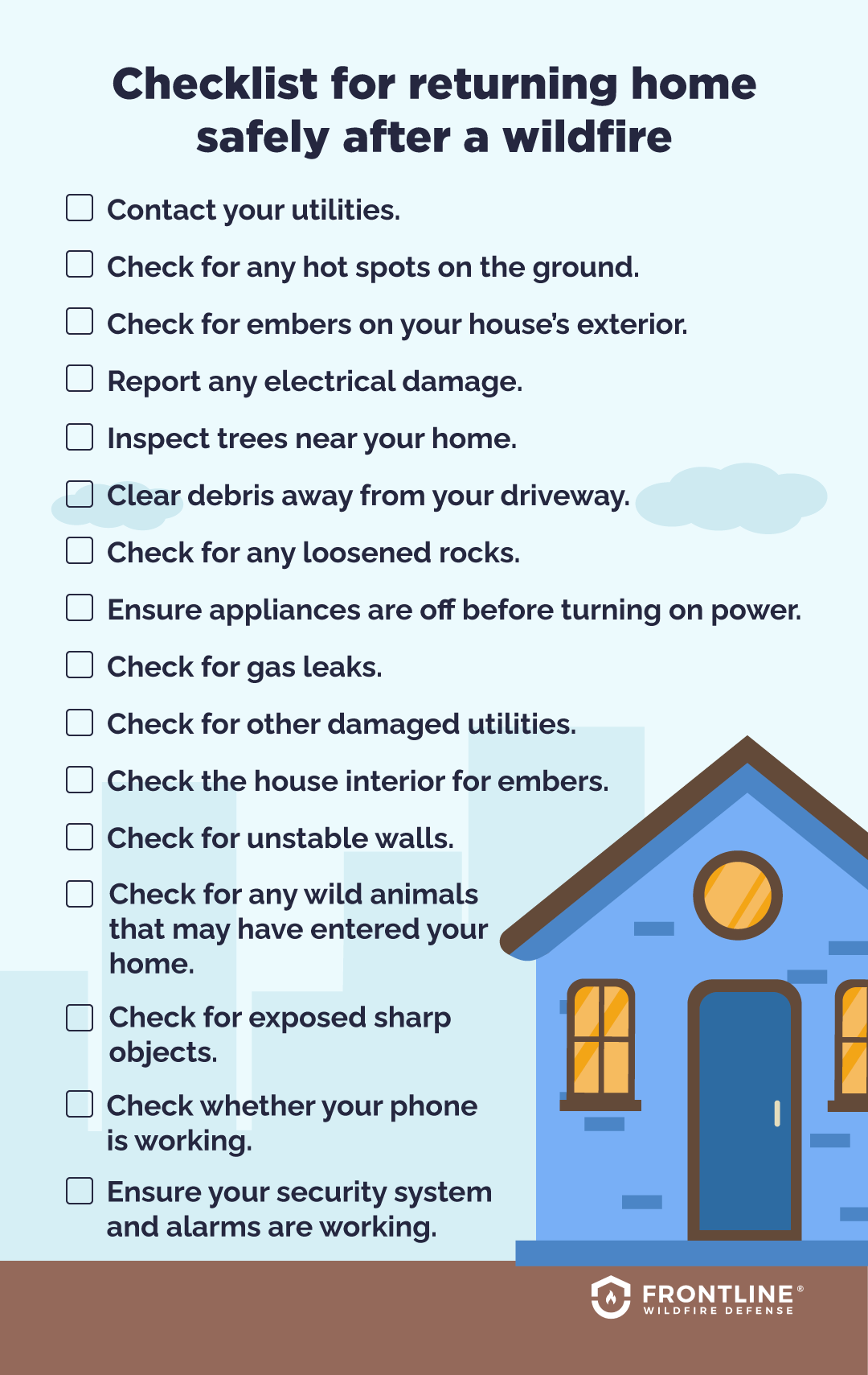 Checklist for returning home after a wildfire.